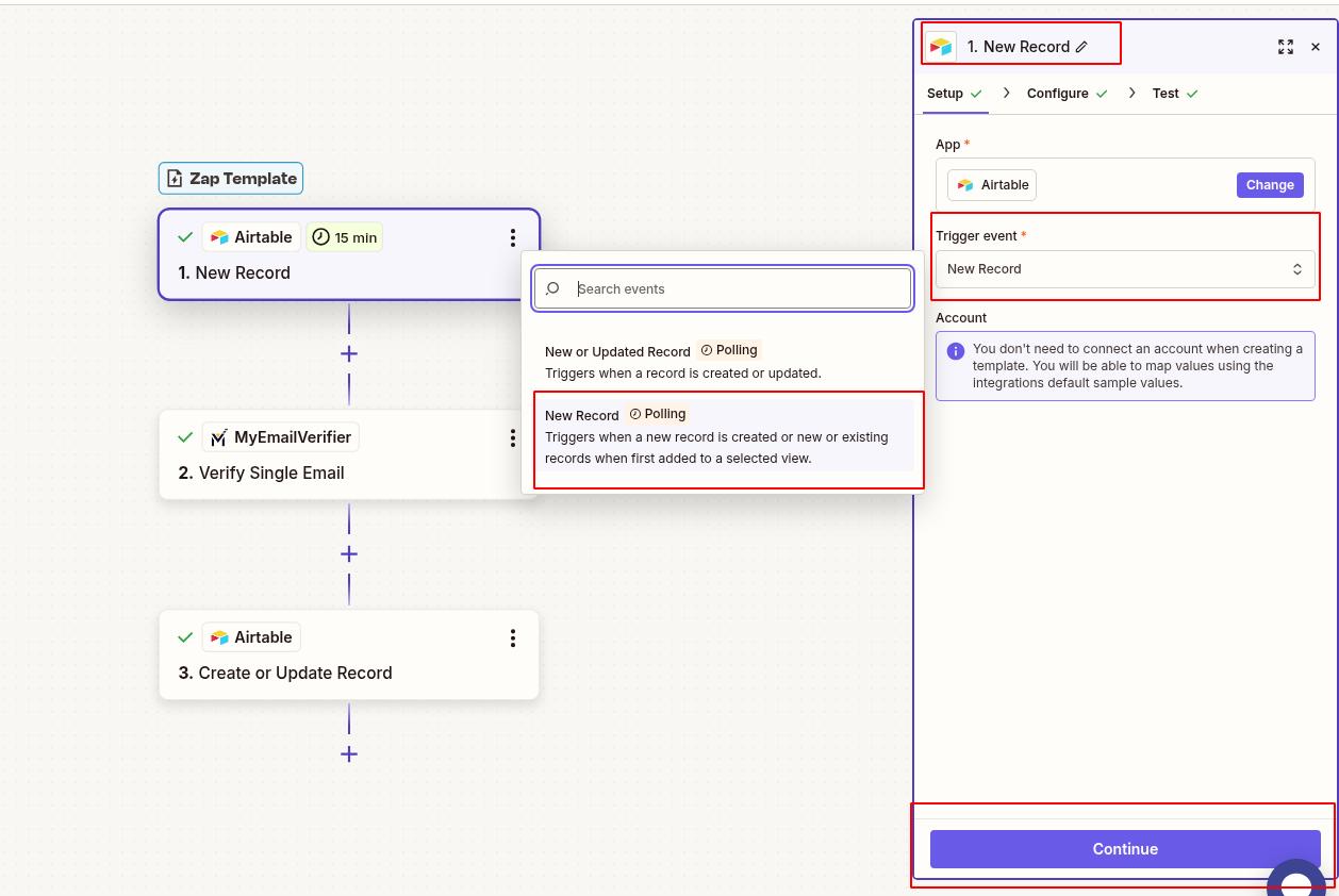 Connect Airtable new record trigger in Zapier setup
