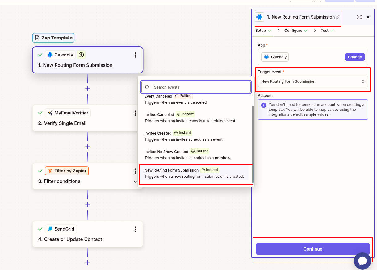 Add Calendly with New Routing Form Submission event trigger in Zapier