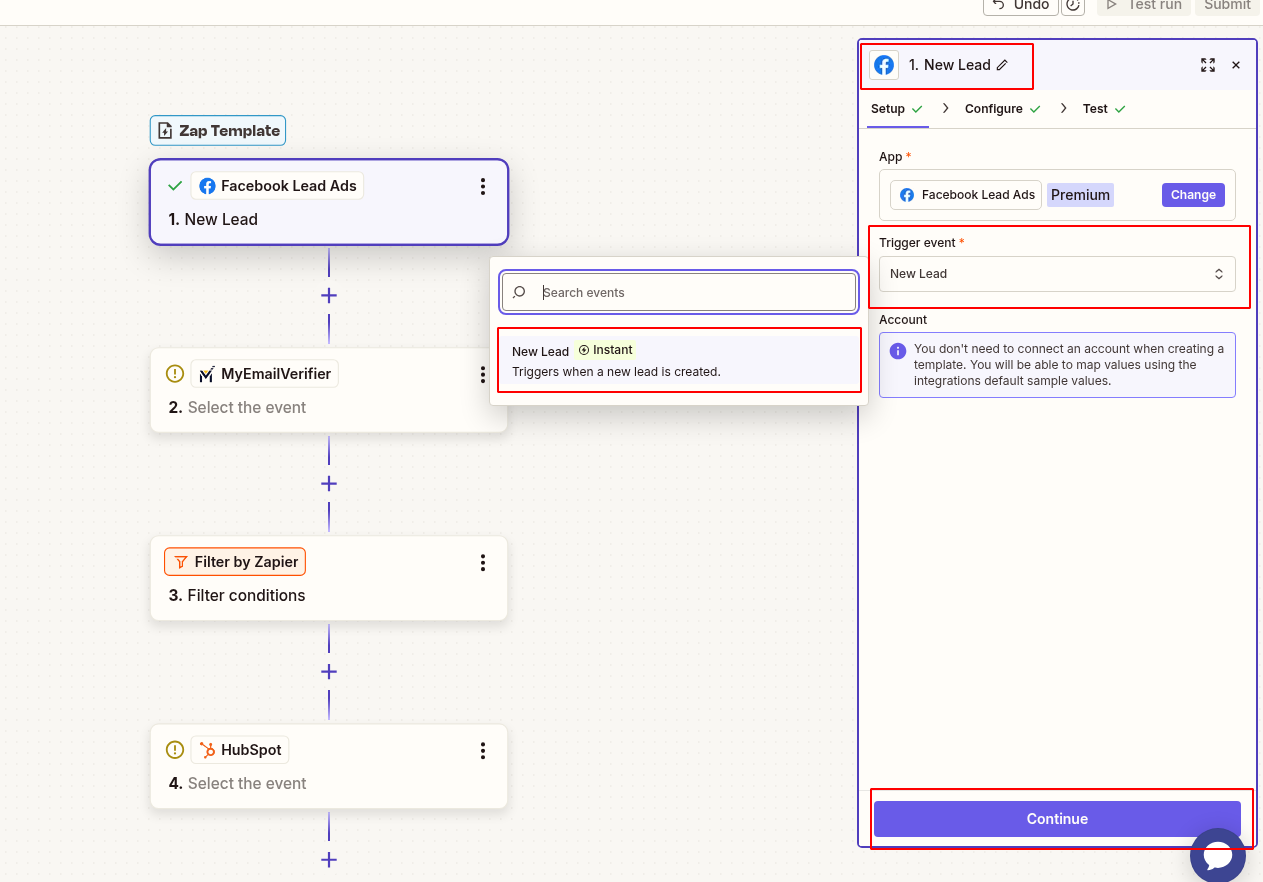 Add Facebook Lead Ads and select new lead event trigger in Zapier