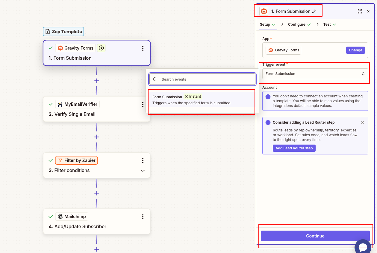 Connect Gravity Forms new entry trigger in Zapier setup