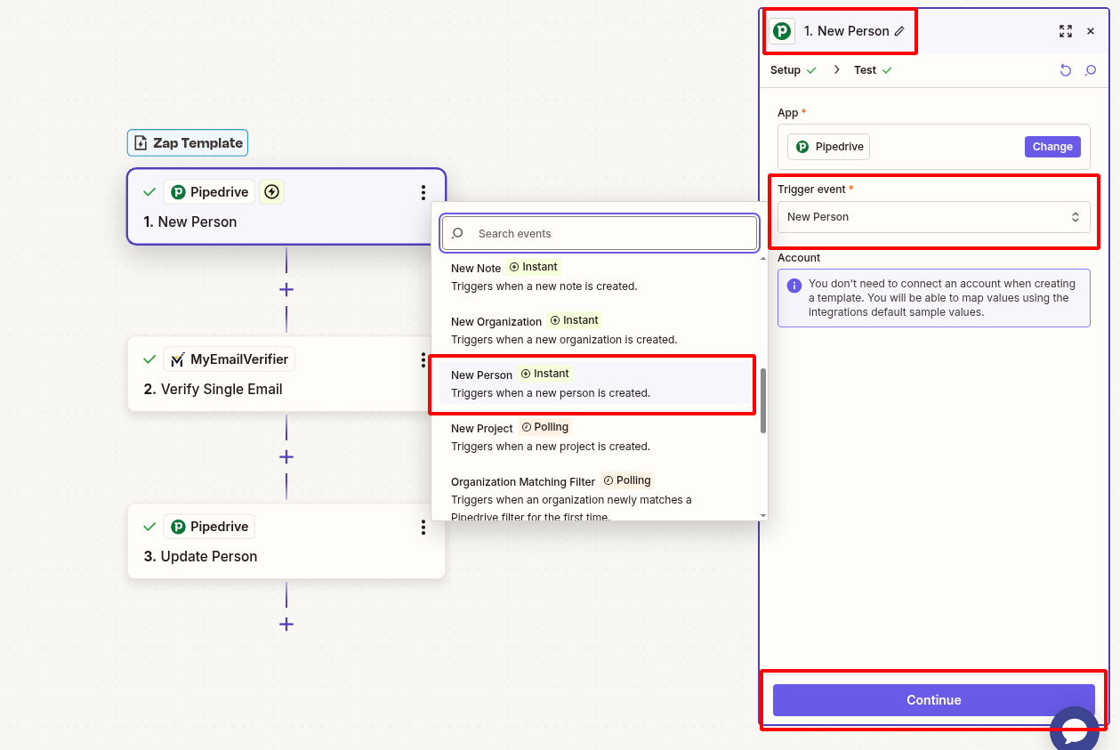 Connect Pipedrive new person trigger in Zapier