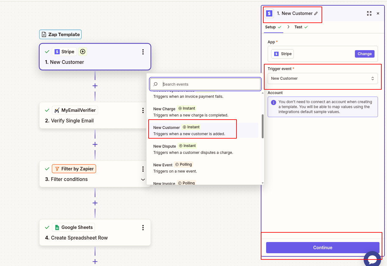 Connect Stripe new customer trigger in Zapier