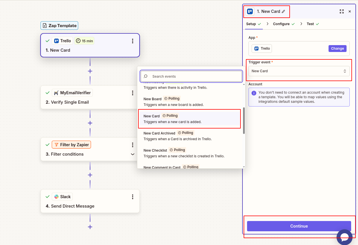 Connect Trello new card trigger in Zapier