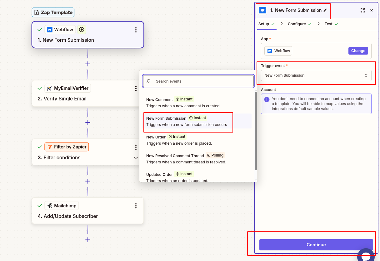 Webflow trigger configuration