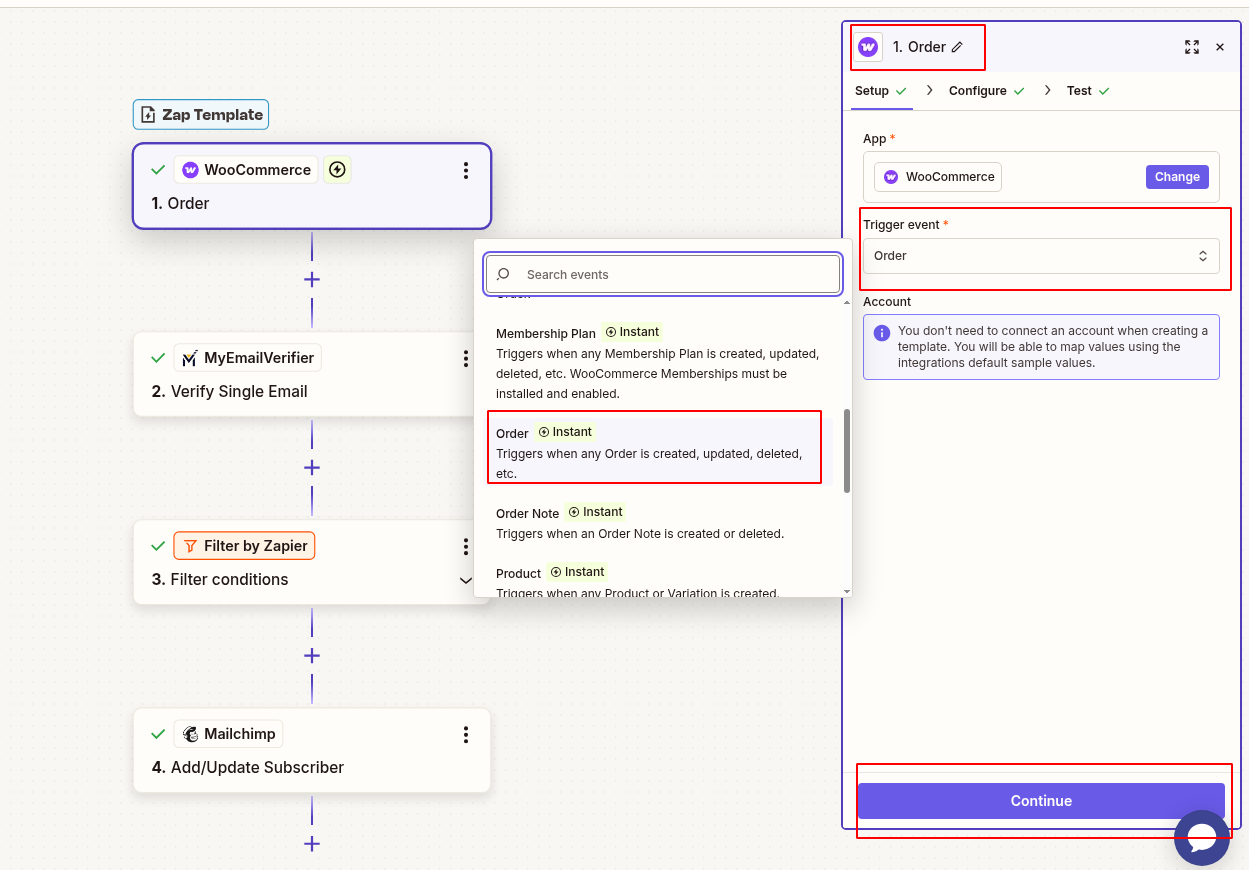 Add WooCommerce and select new order event in Zapier