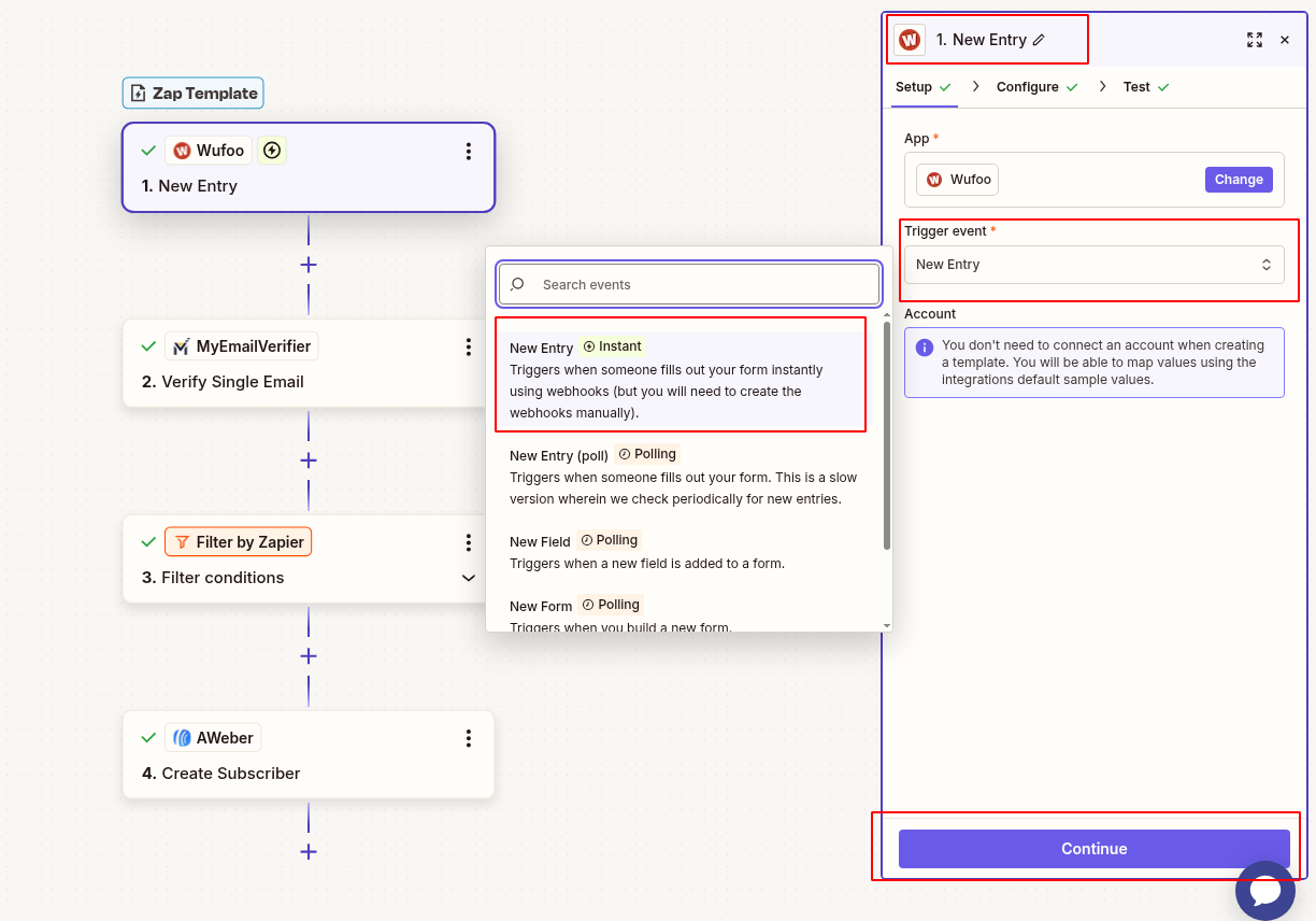 Connect Wufoo new entry trigger in Zapier setup