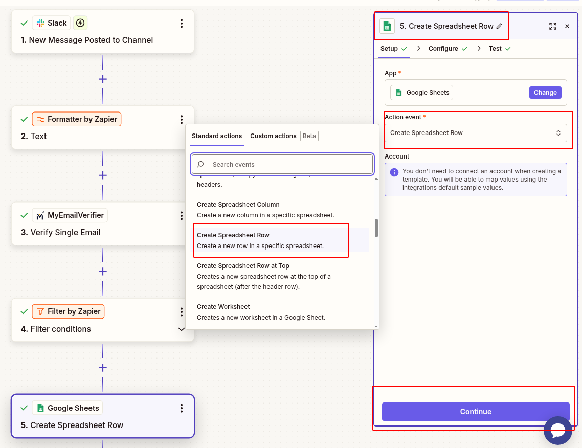 Add Google Sheets to create row and add valid verified emails from Slack