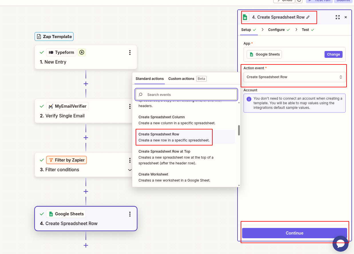 Add Google Sheets to create row with filtered verified emails