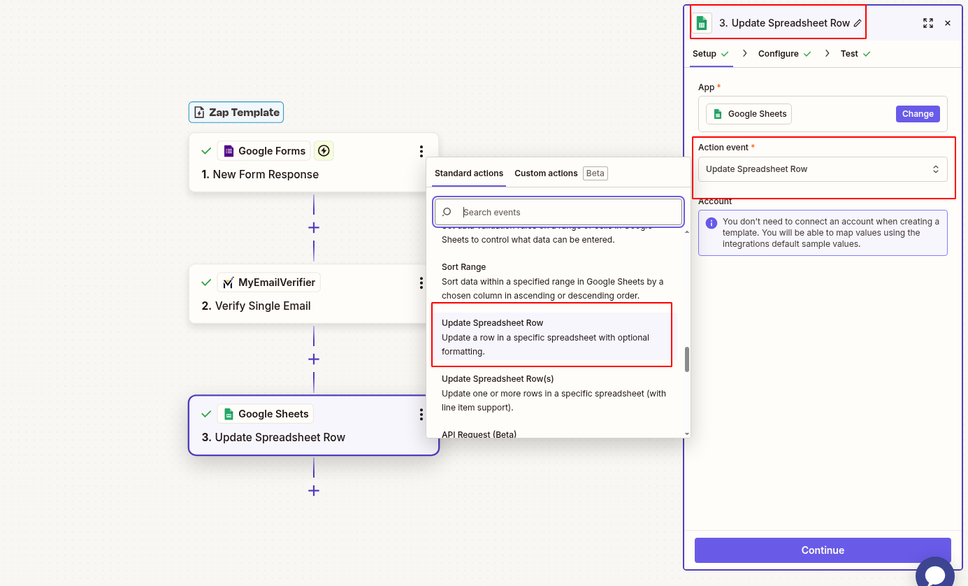 Set MyEmailVerifier output to Google Sheets to update row with verification results