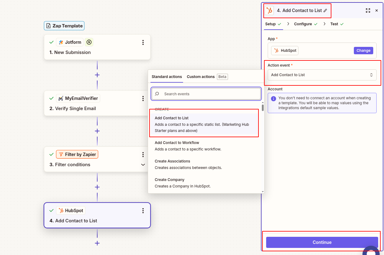 HubSpot create or update contact with verified JotForm email