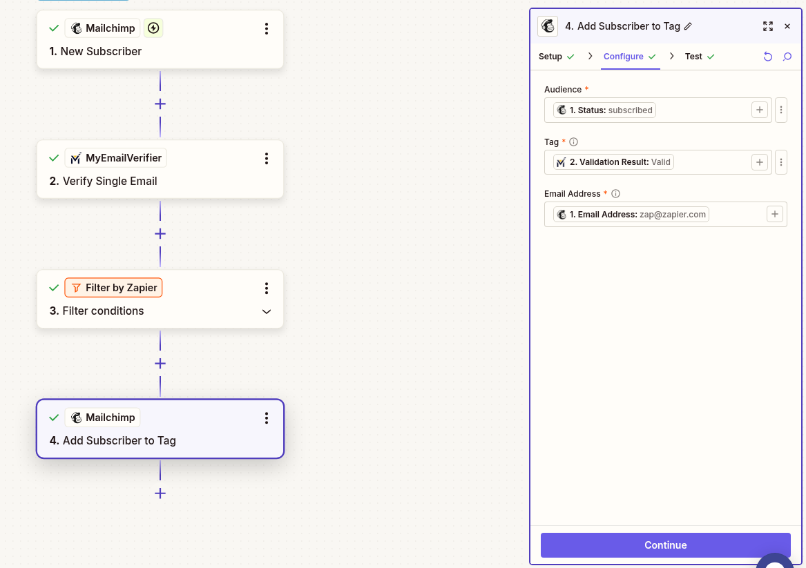 Mailchimp Add/Update Subscriber action to tag valid emails