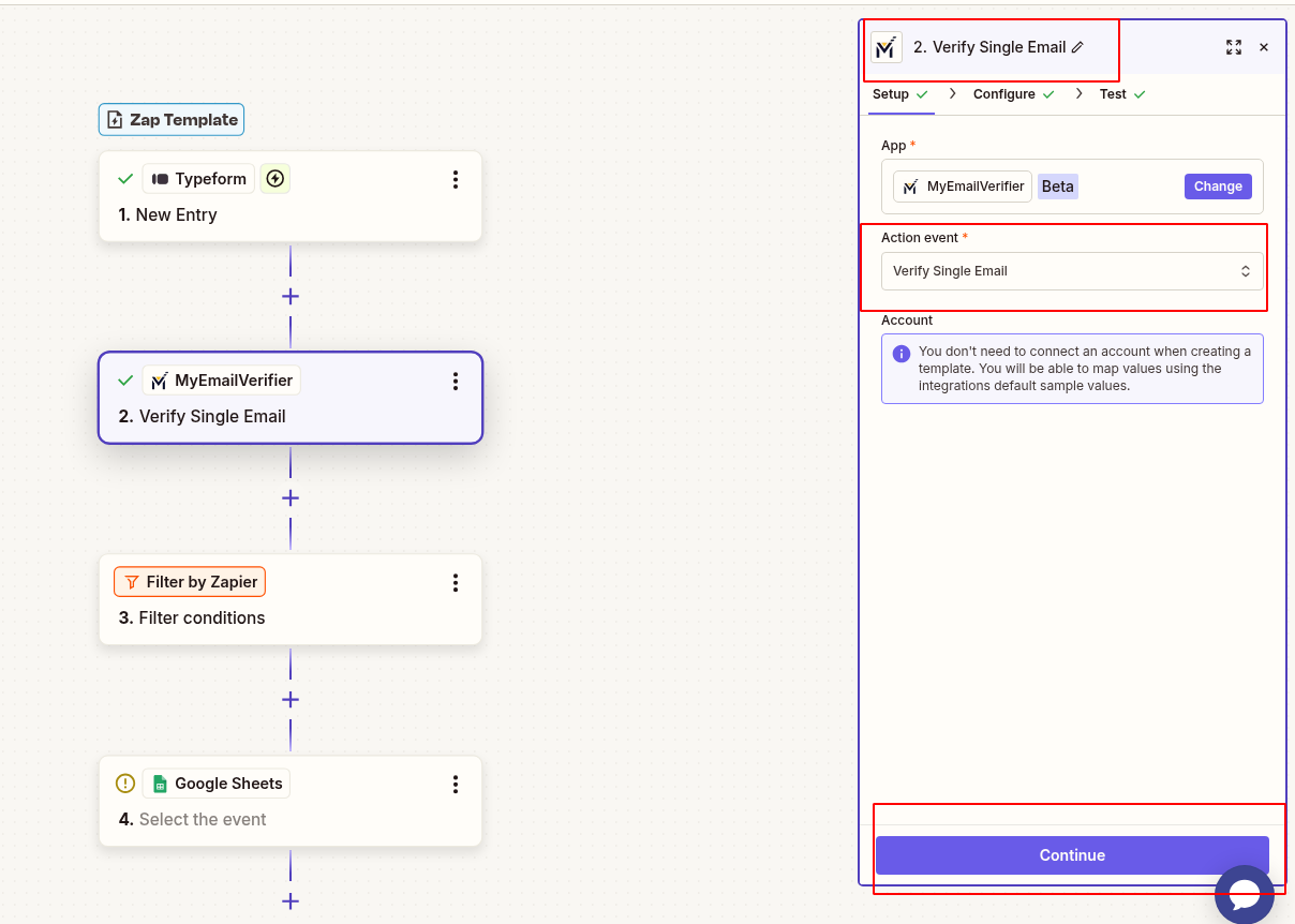 Add MyEmailVerifier action and set Email Address field from Typeform output