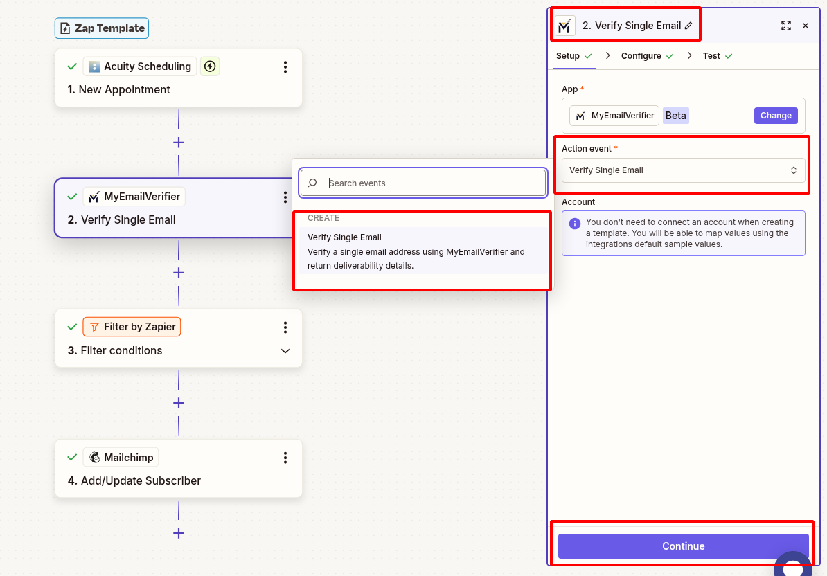 MyEmailVerifier verify Acuity Scheduling client email in Zapier