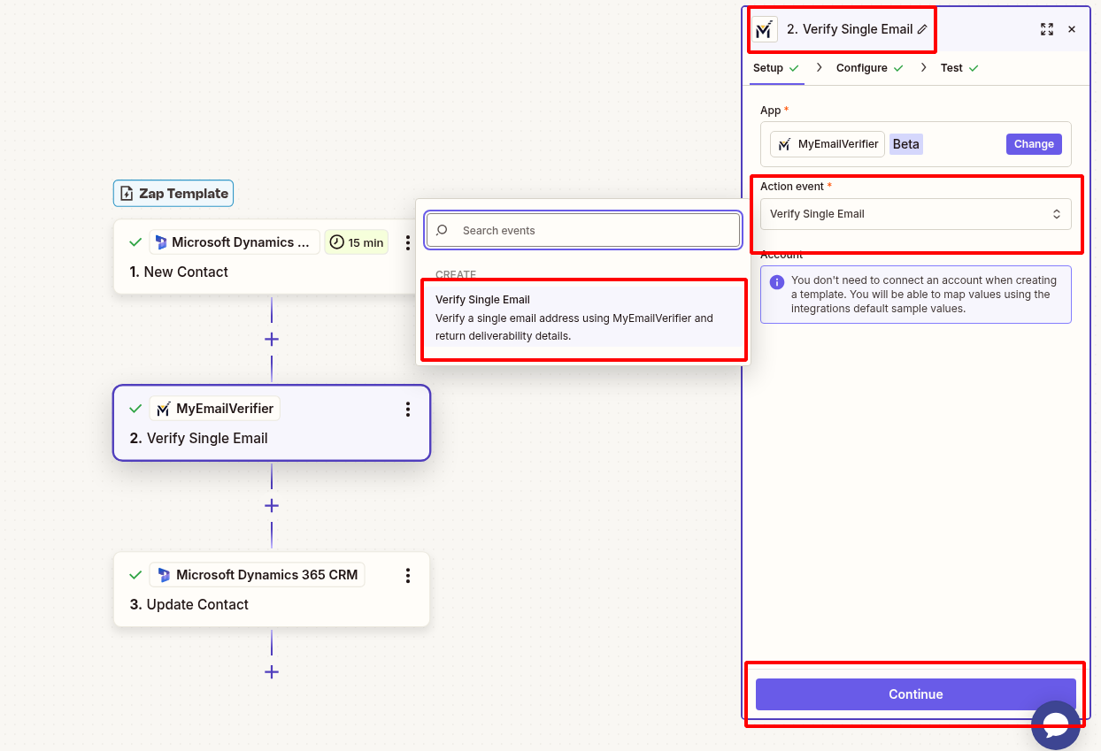 MyEmailVerifier verify Microsoft Dynamics 365 contact email in Zapier