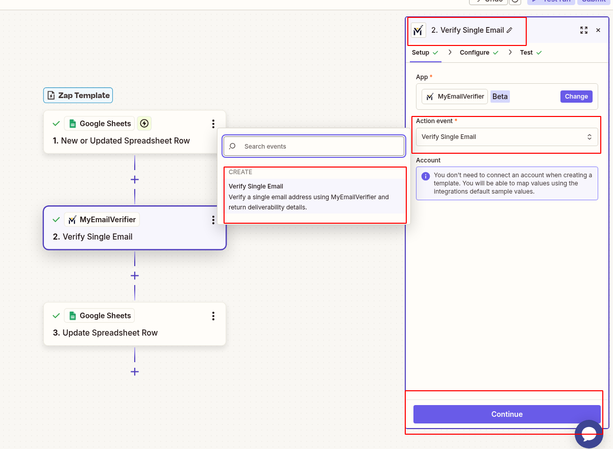 Add MyEmailVerifier verify single email event to validate email from Google Sheets