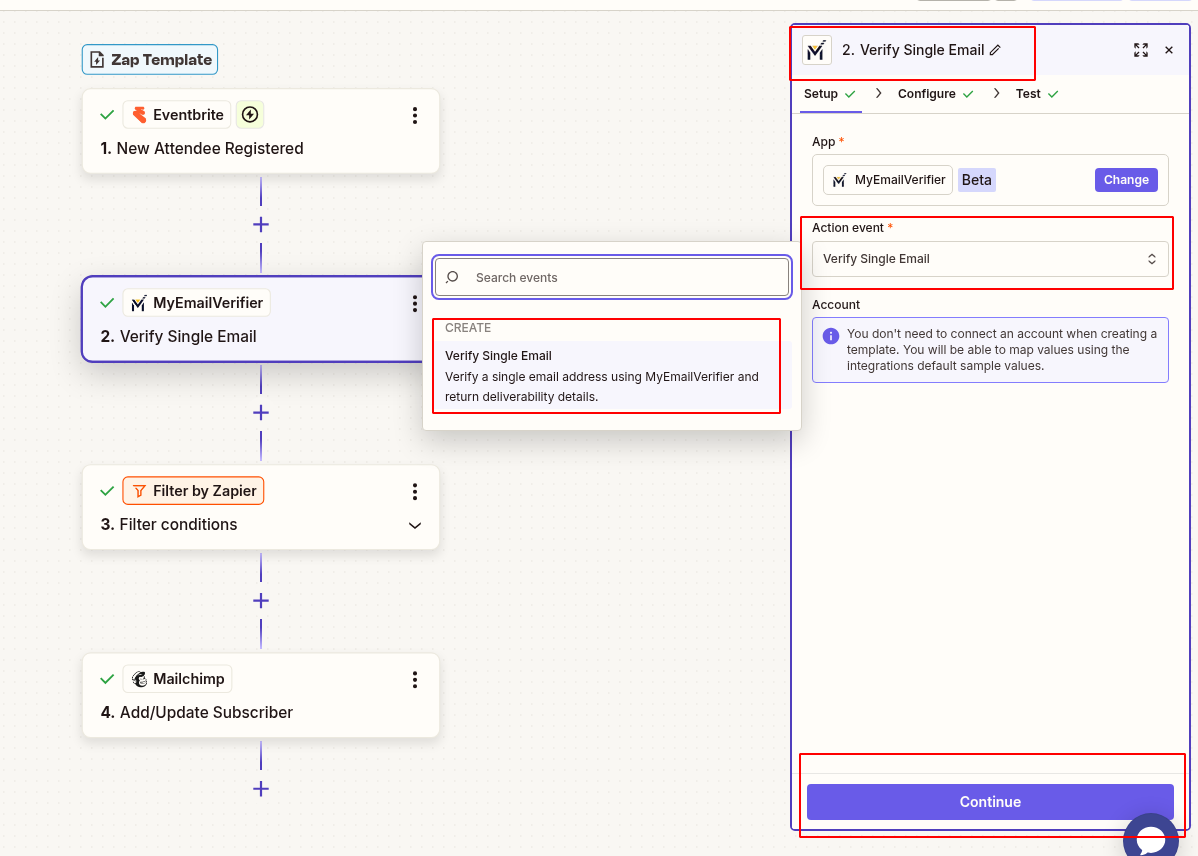 Add MyEmailVerifier for validate email with verify single event and select email address field from Eventbrite