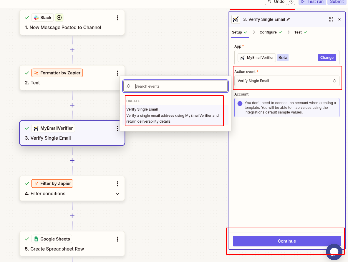 Add MyEmailVerifier action for verify single event and set email address from extracted email