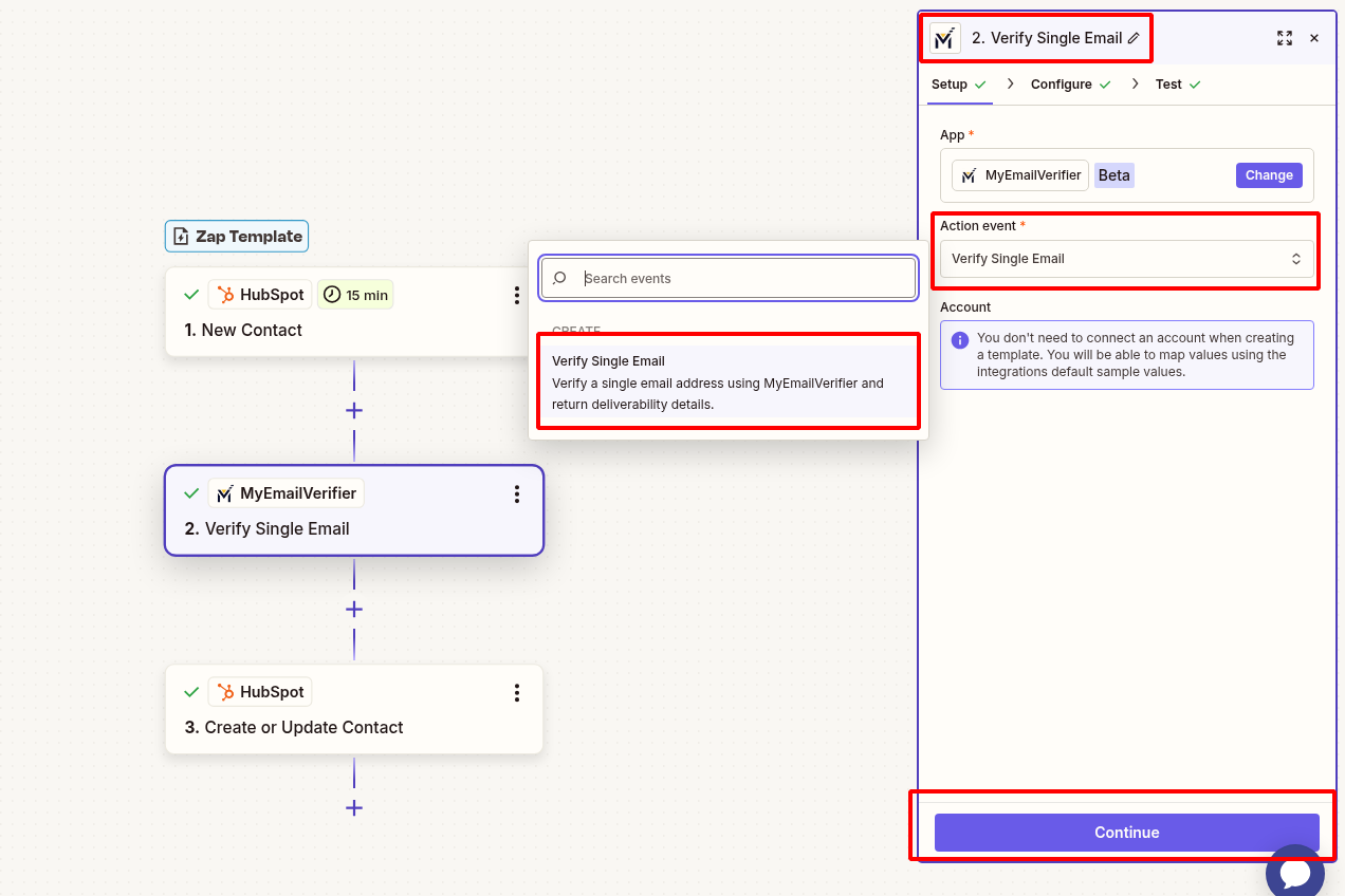 MyEmailVerifier verify HubSpot contact email in Zapier