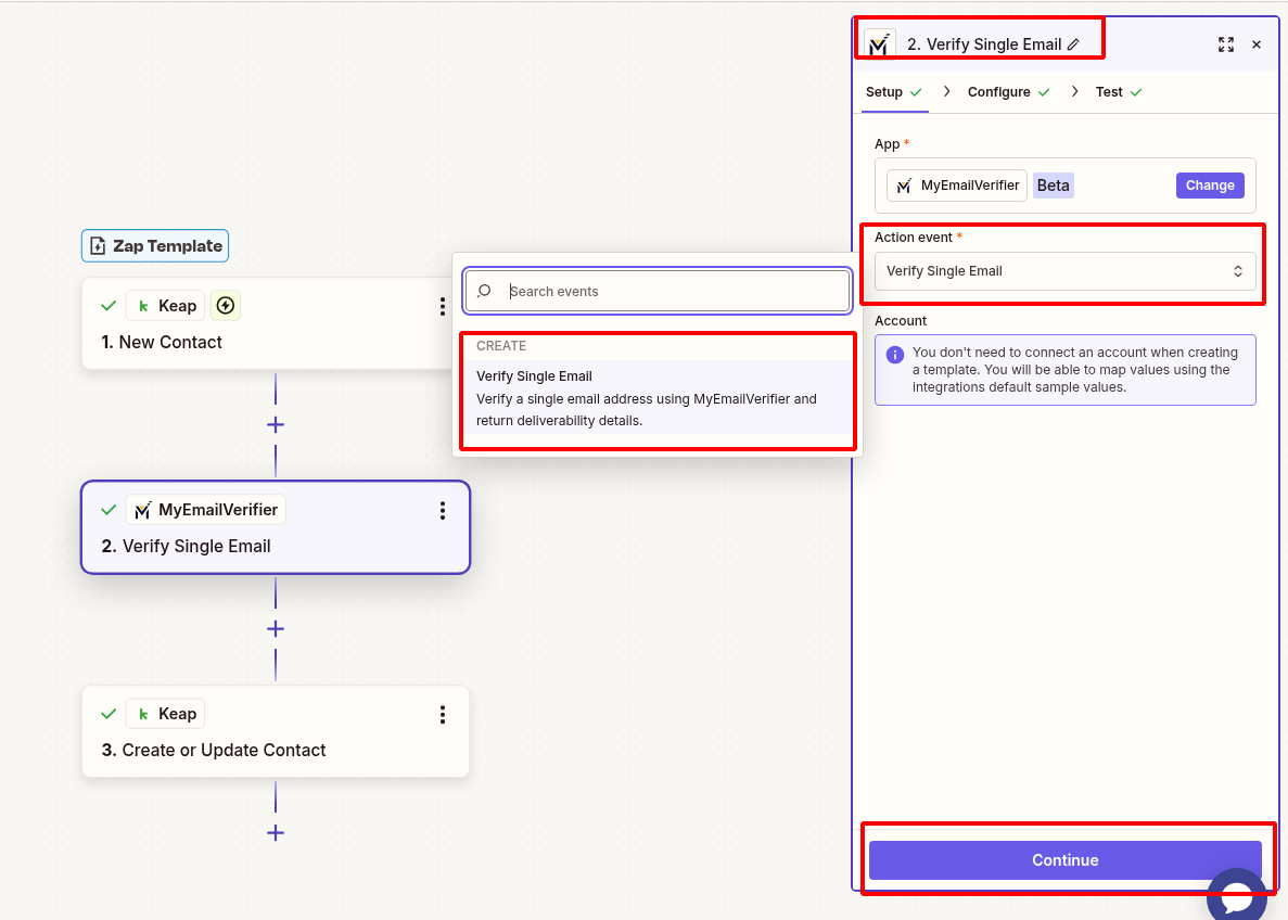 MyEmailVerifier verify Keap contact email in Zapier