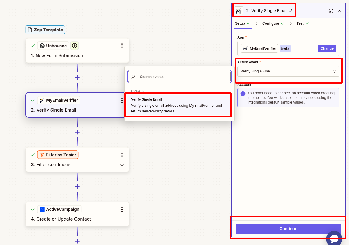 MyEmailVerifier verify Unbounce lead email in Zapier
