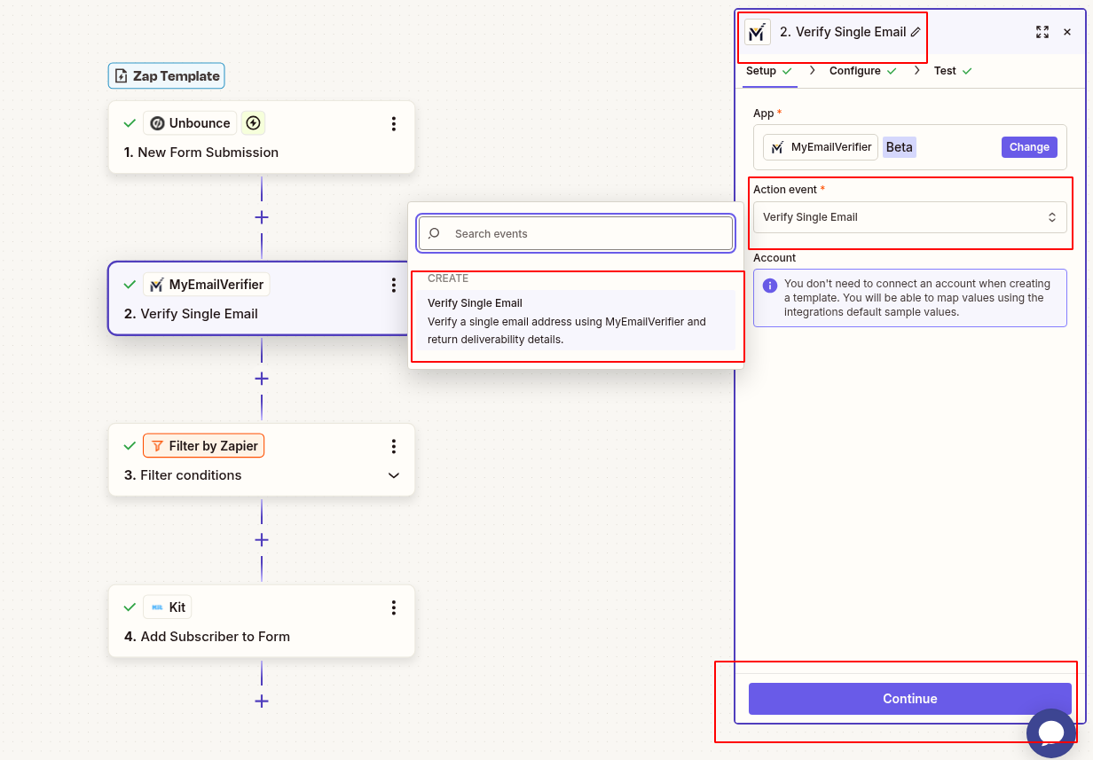 MyEmailVerifier verify Unbounce email in Zapier