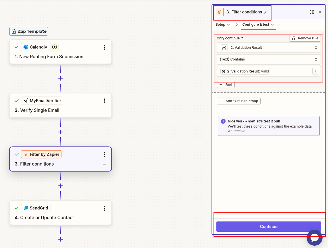 Add Filter by Zapier to filter only valid emails from Calendly bookings