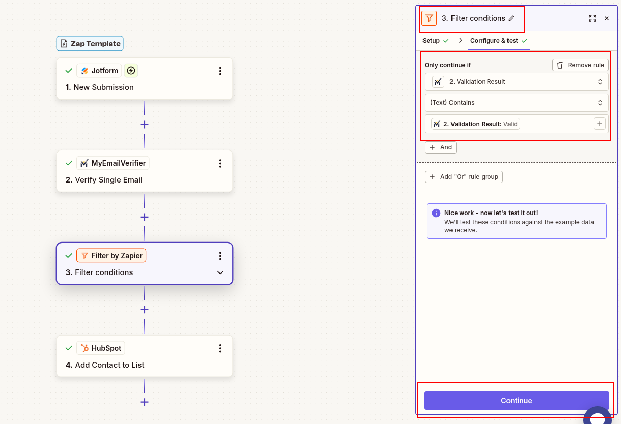 Zapier filter to allow only valid emails from JotForm