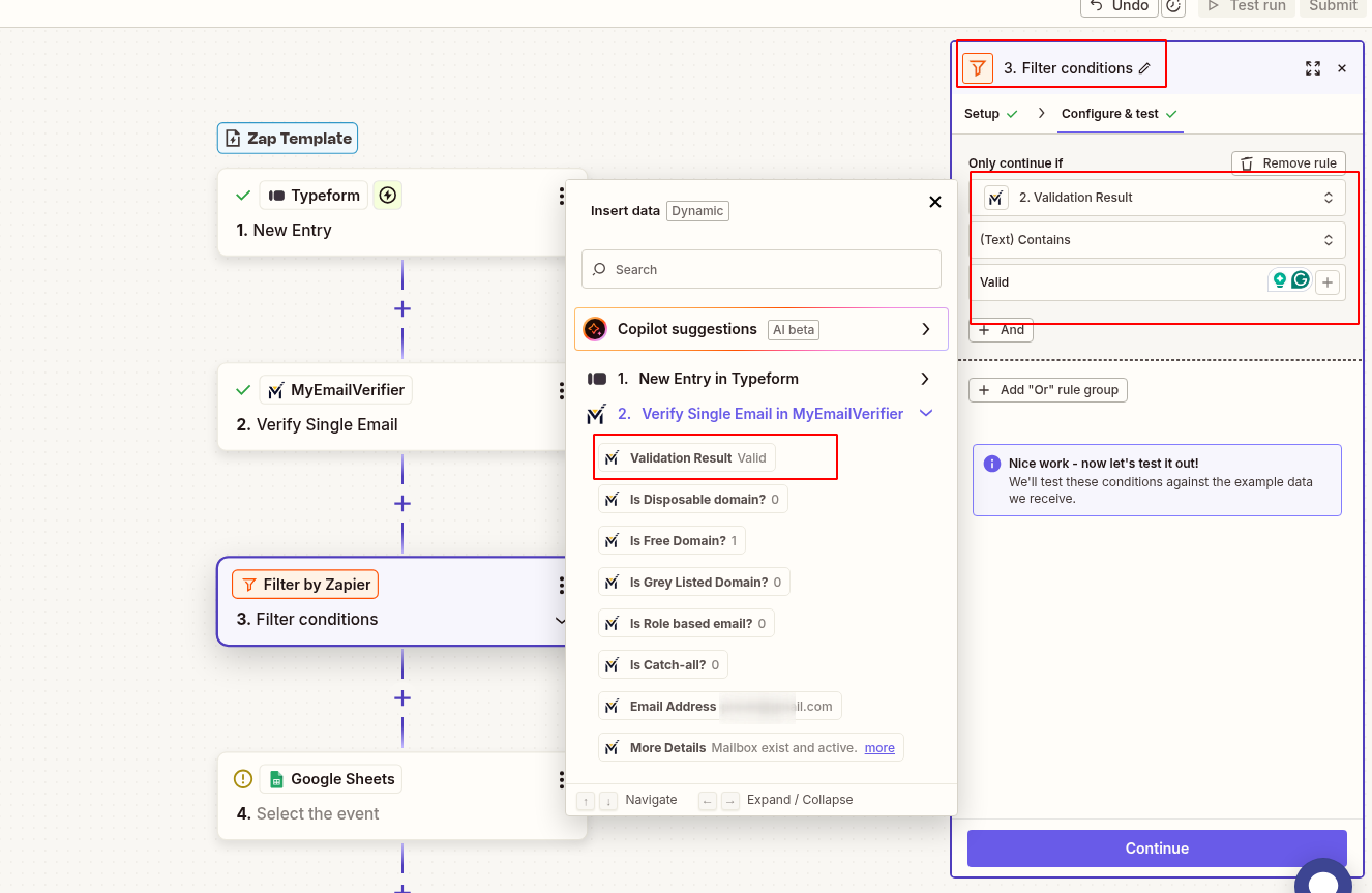 Add Zapier filter to select only valid emails from Typeform